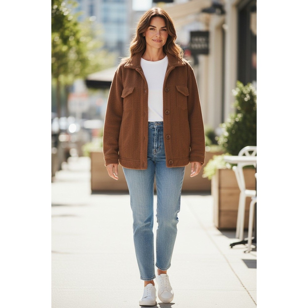 Joie Jacket Womens XL Cognac Brown Textured Fleece Button Front Shacket XL